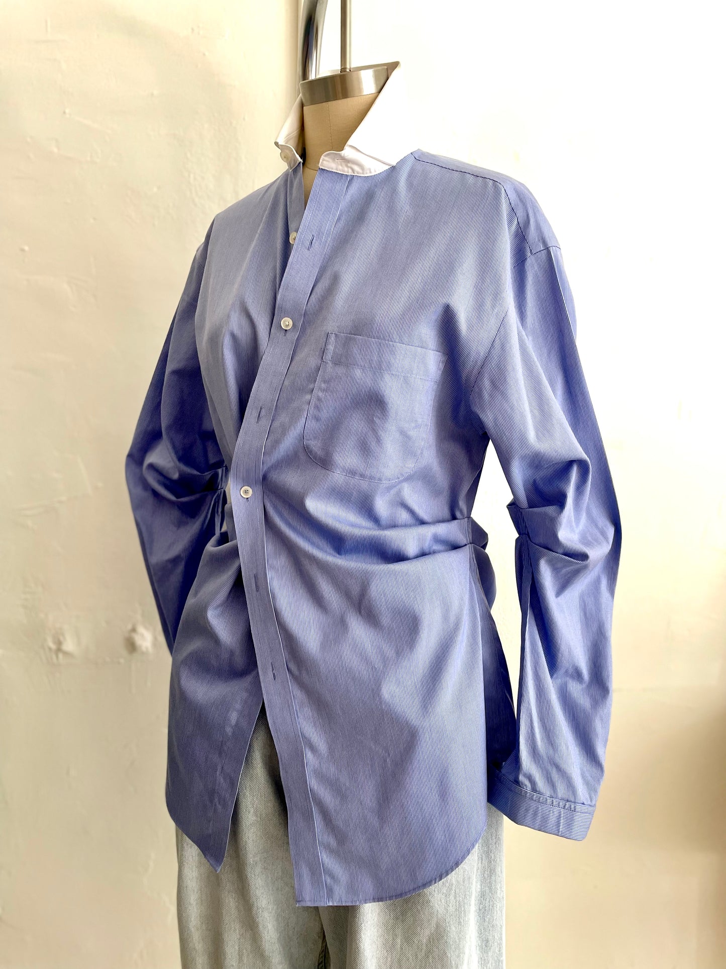 Blue Micro-Stripe Banker Shirt Ruched
