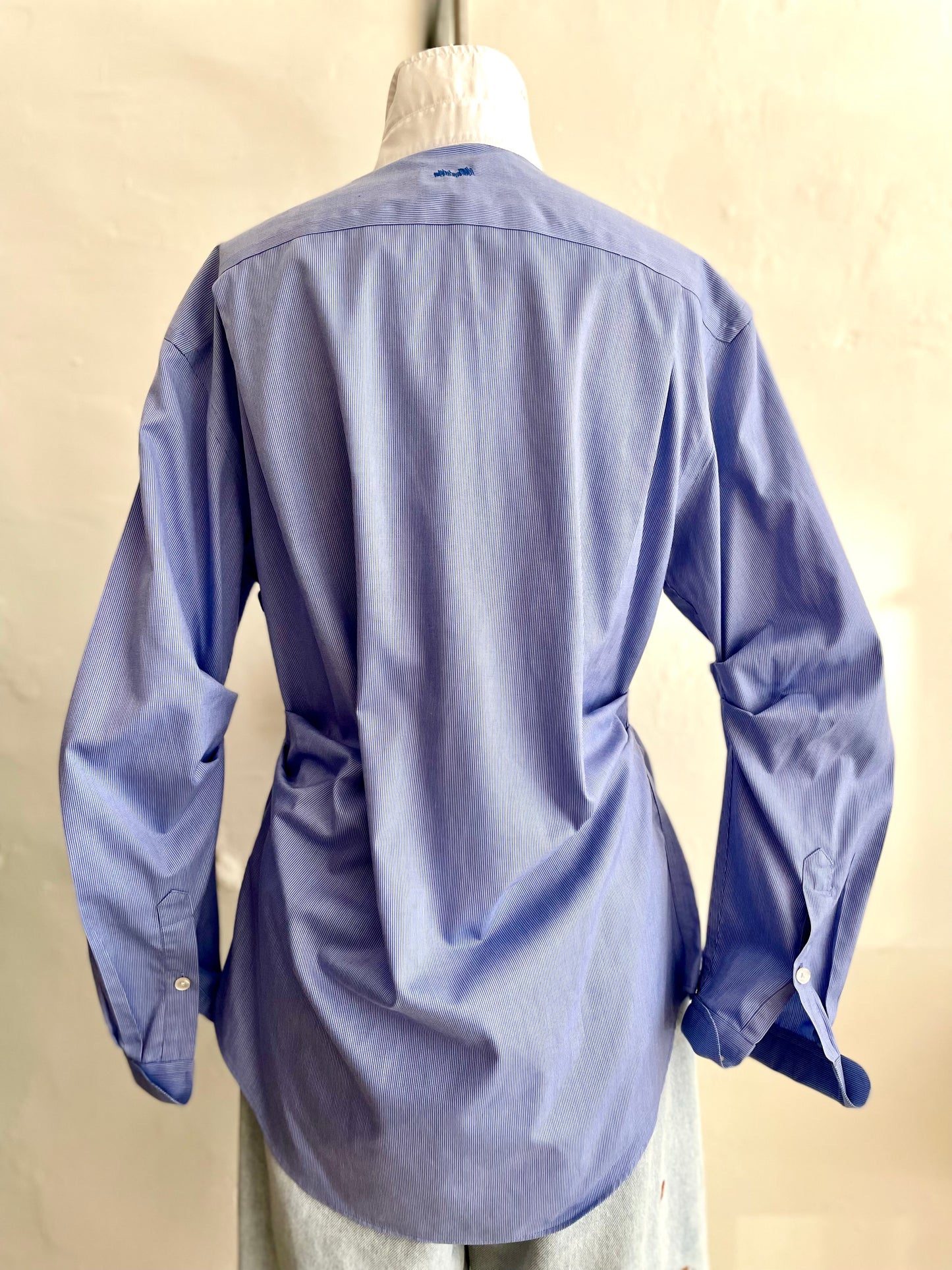 Blue Micro-Stripe Banker Shirt Ruched