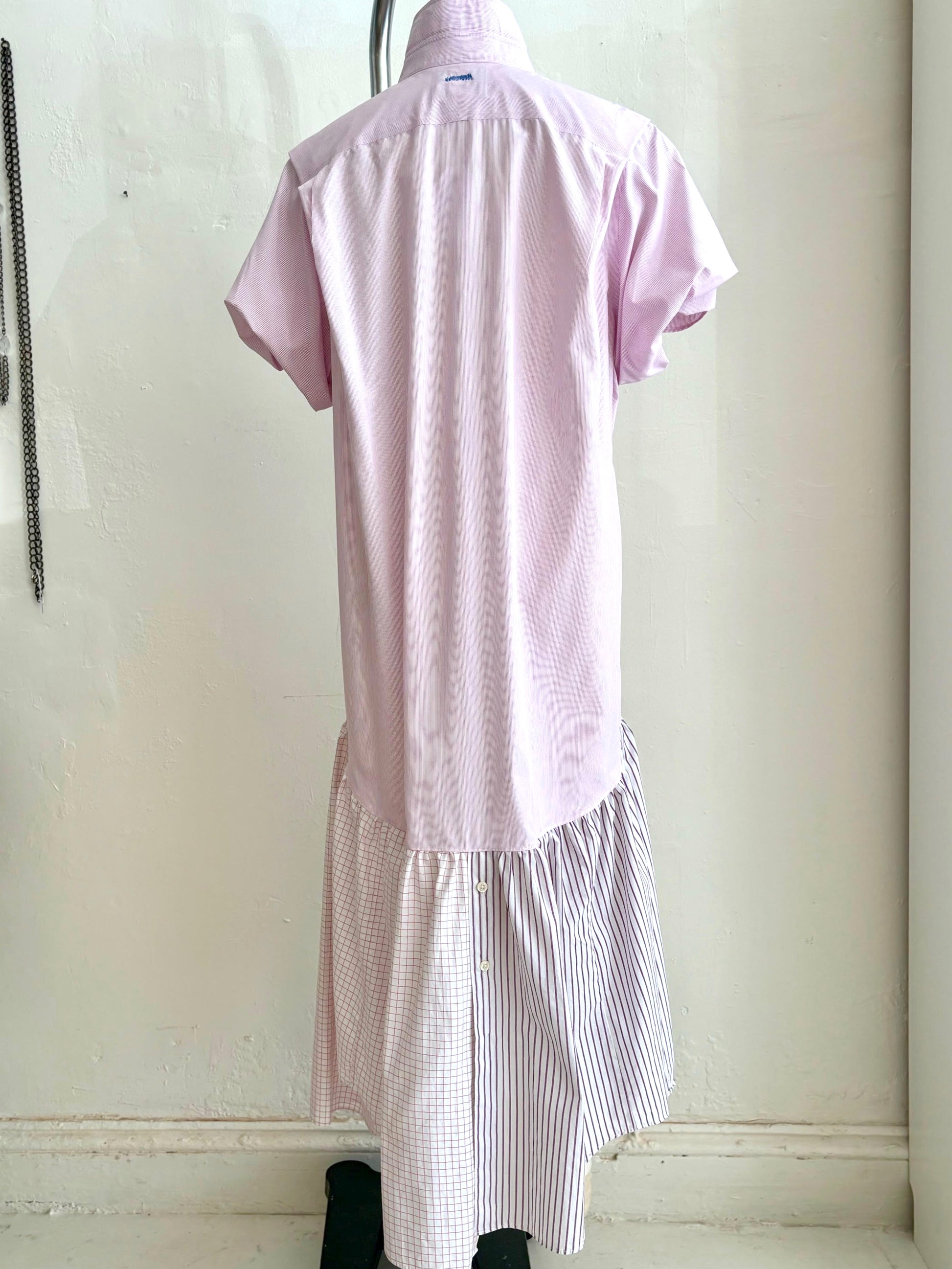 Shirtdress in pink and red stripes and checks, back view