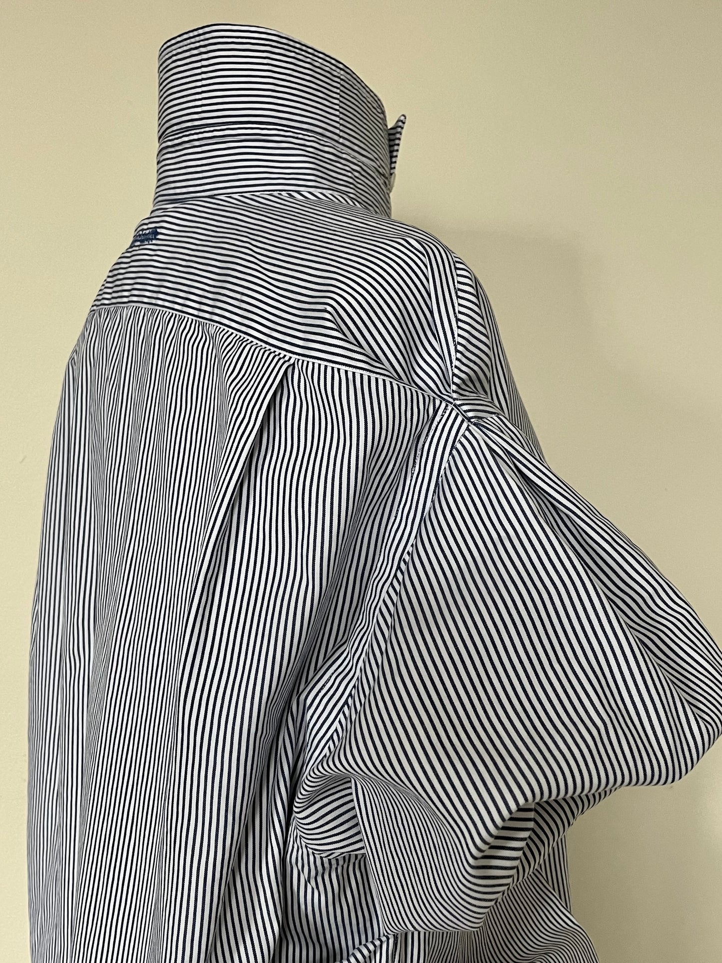 Blue and White Micro Stripe Ruched Cap Sleeve